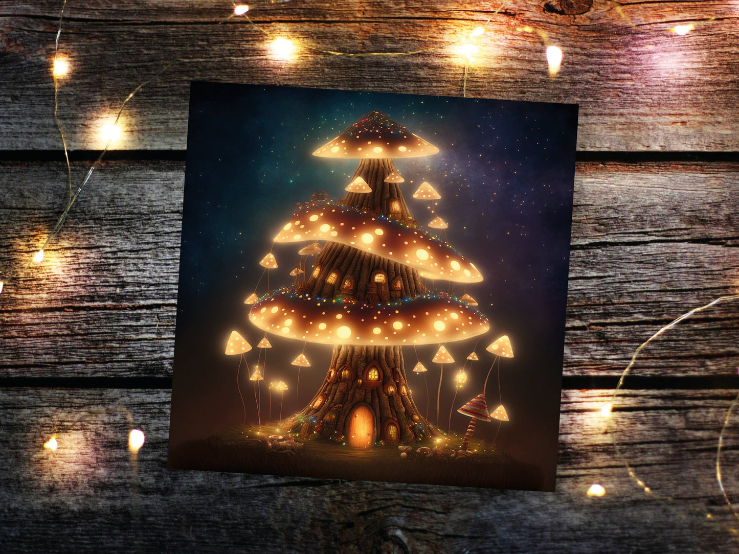 Fairycore Mushroom House Tree Card with Warm Lights Magical Glowing Golden Unique Whimsical Fairytale For Family Friends Birthdays Thank You