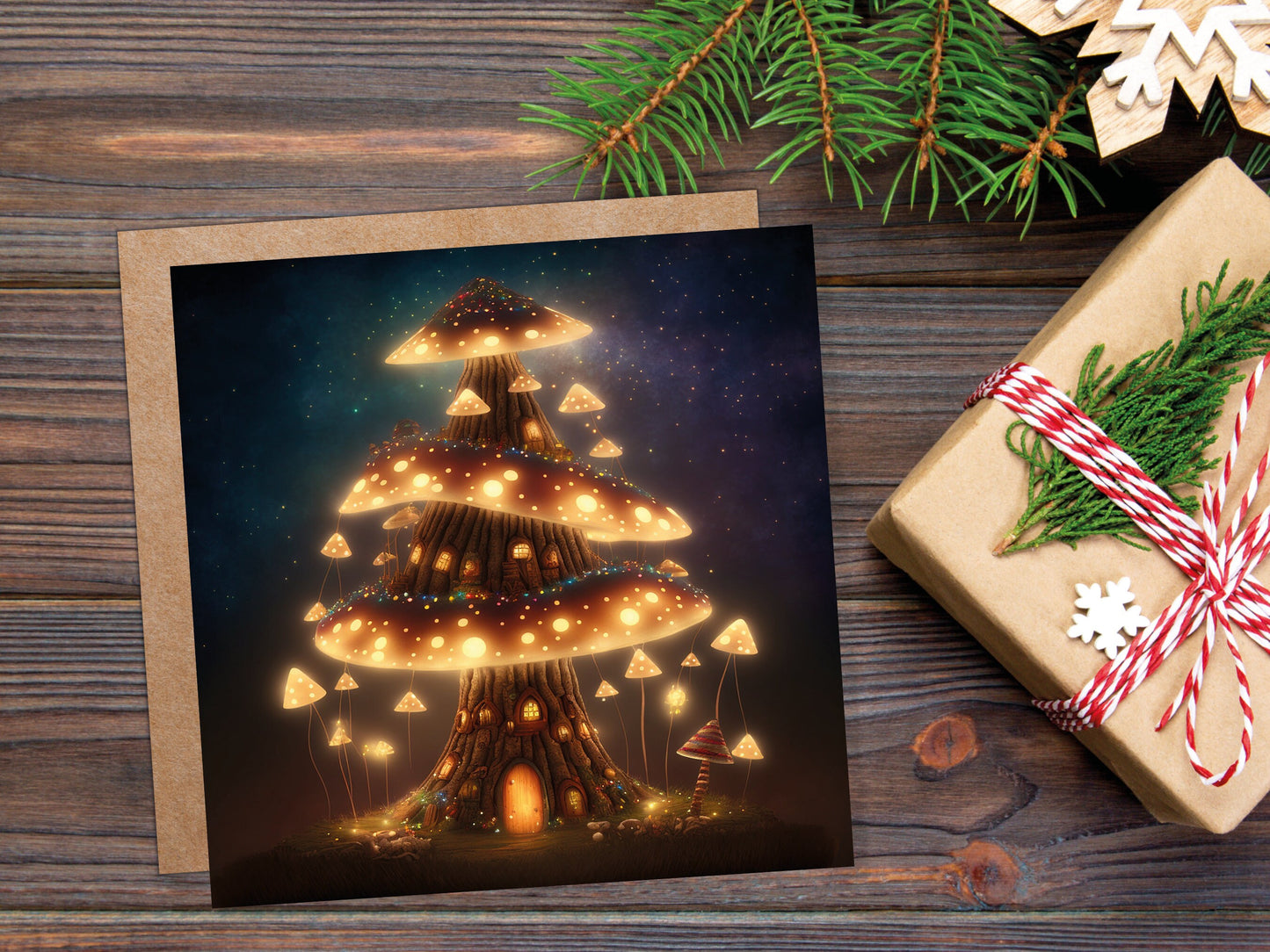 Fairycore Mushroom House Tree Card with Warm Lights Magical Glowing Golden Unique Whimsical Fairytale For Family Friends Birthdays Thank You