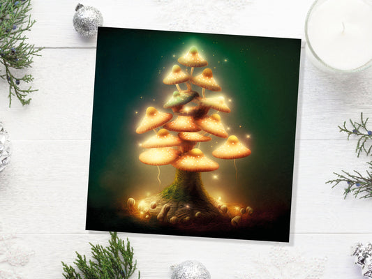 Mushrooms Tree Card Warm Golden Glowing Magical Fairycore Fairytale Fairy Lights Unique Whimsical For Family Friends Birthdays Thank You