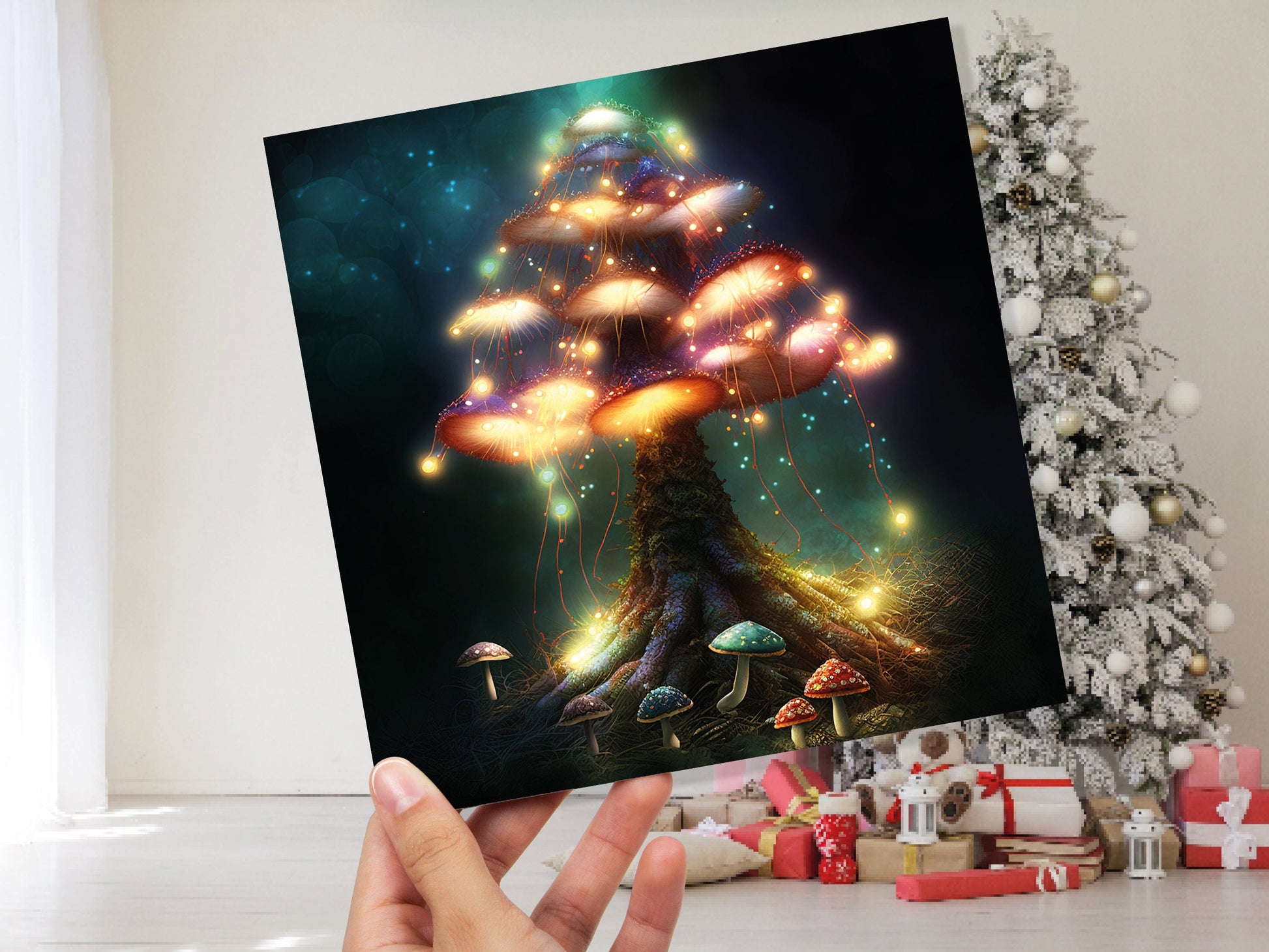 Colourful Magical Mushroom Tree Card Teal Gold Magic Glow Fairycore Fairytale Fairy Lights Unique Whimsical For Family Friends BFF Birthdays