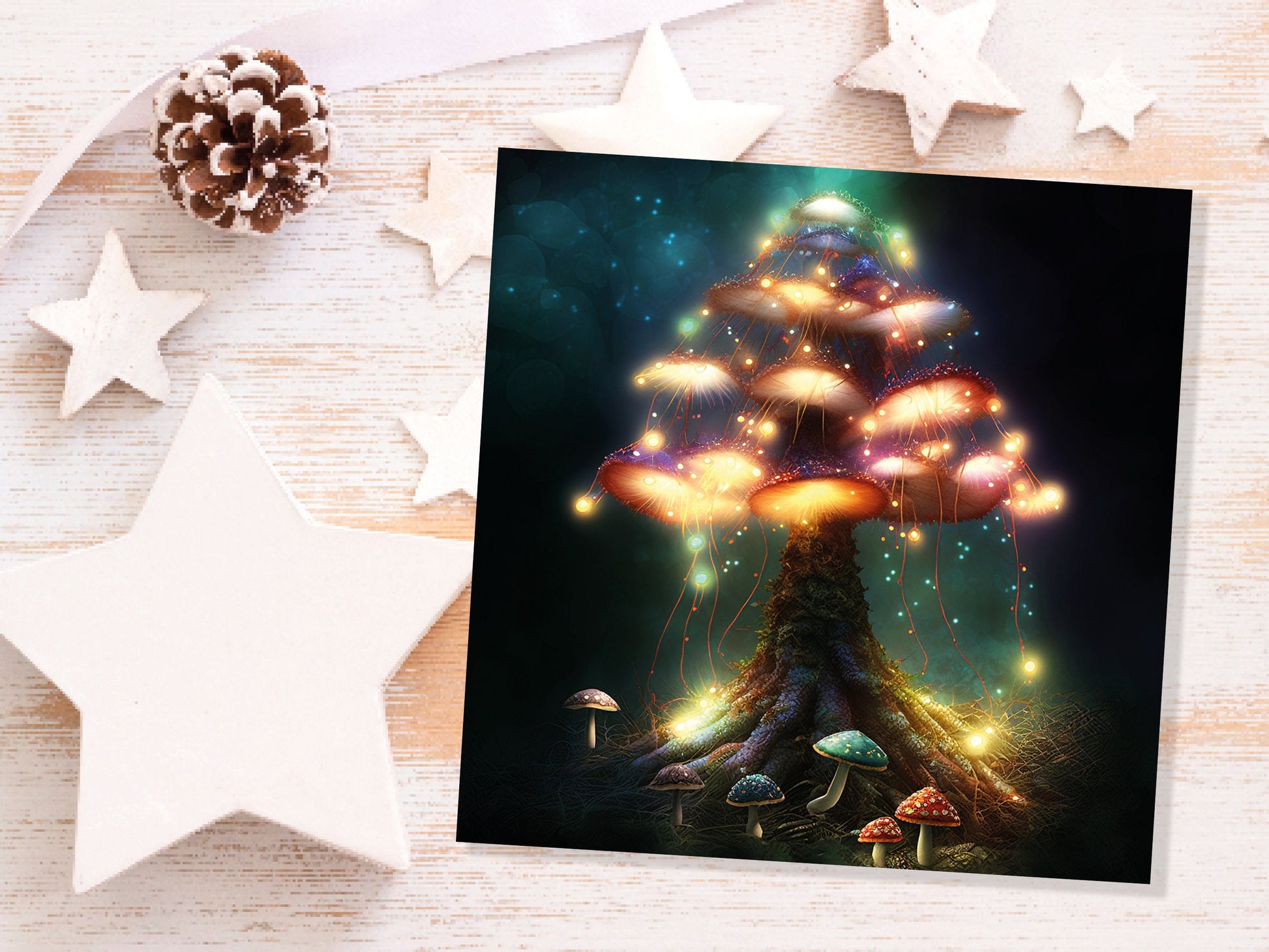 Colourful Magical Mushroom Tree Card Teal Gold Magic Glow Fairycore Fairytale Fairy Lights Unique Whimsical For Family Friends BFF Birthdays