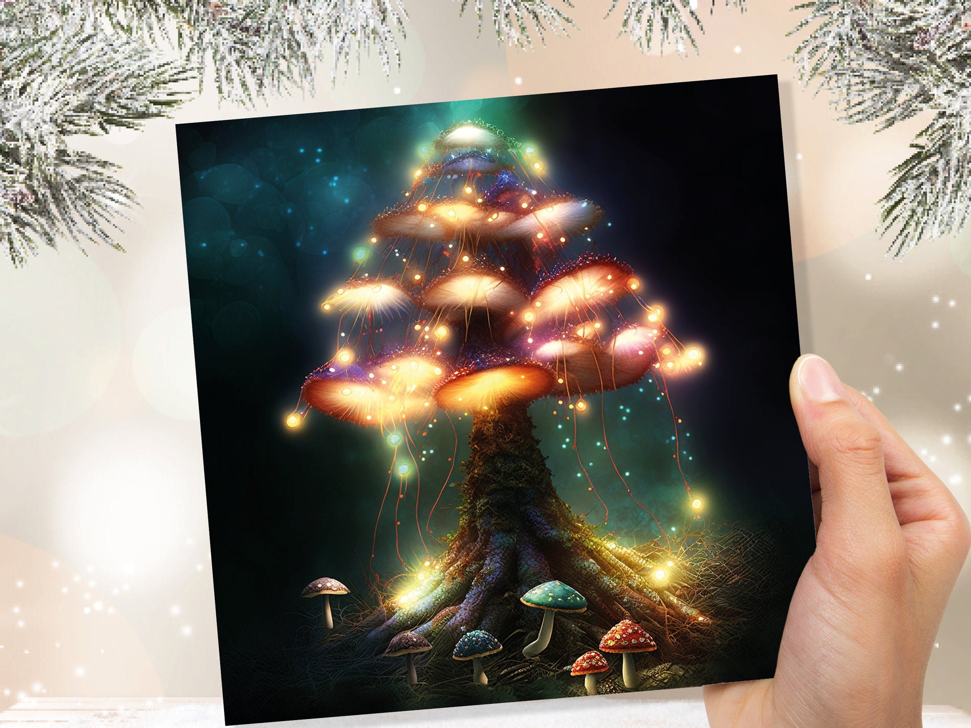 Colourful Magical Mushroom Tree Card Teal Gold Magic Glow Fairycore Fairytale Fairy Lights Unique Whimsical For Family Friends BFF Birthdays