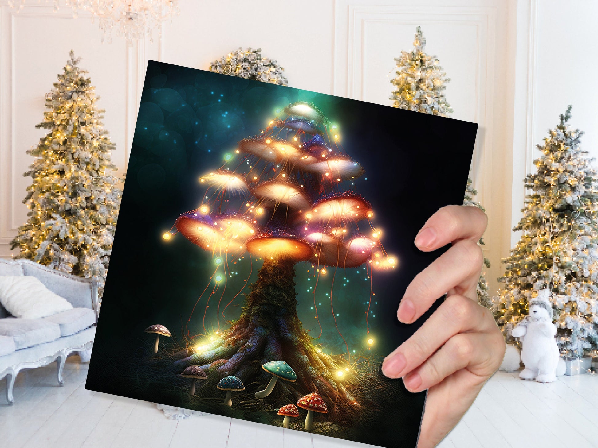 Colourful Magical Mushroom Tree Card Teal Gold Magic Glow Fairycore Fairytale Fairy Lights Unique Whimsical For Family Friends BFF Birthdays