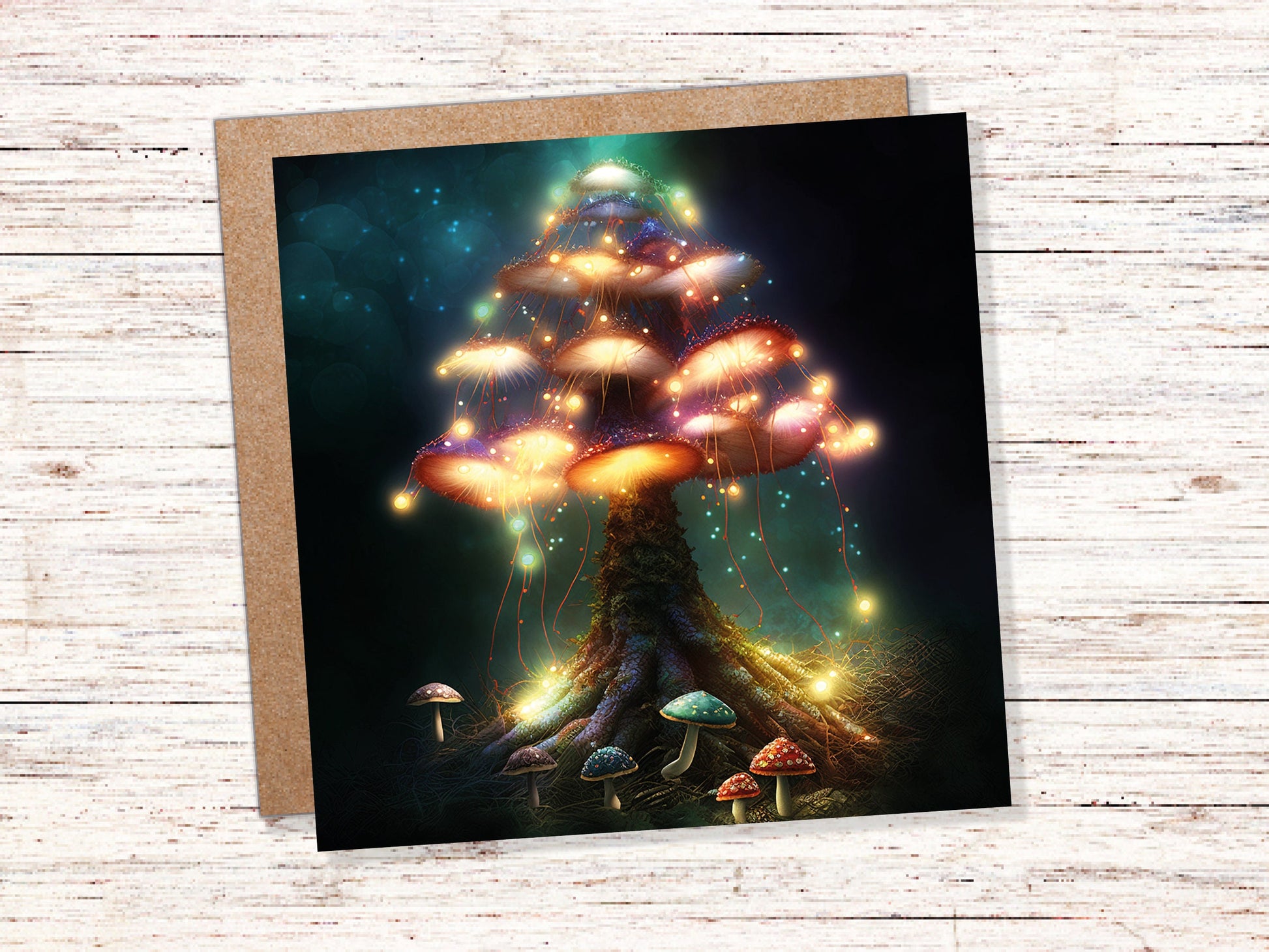 Colourful Magical Mushroom Tree Card Teal Gold Magic Glow Fairycore Fairytale Fairy Lights Unique Whimsical For Family Friends BFF Birthdays