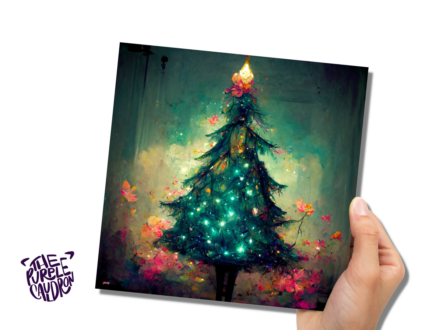 Pretty Christmas Card with Magical Tree and Fairy Lights Painting Unique Whimsical Teal Green Pink Greetings For Family Friends Xmas 2023