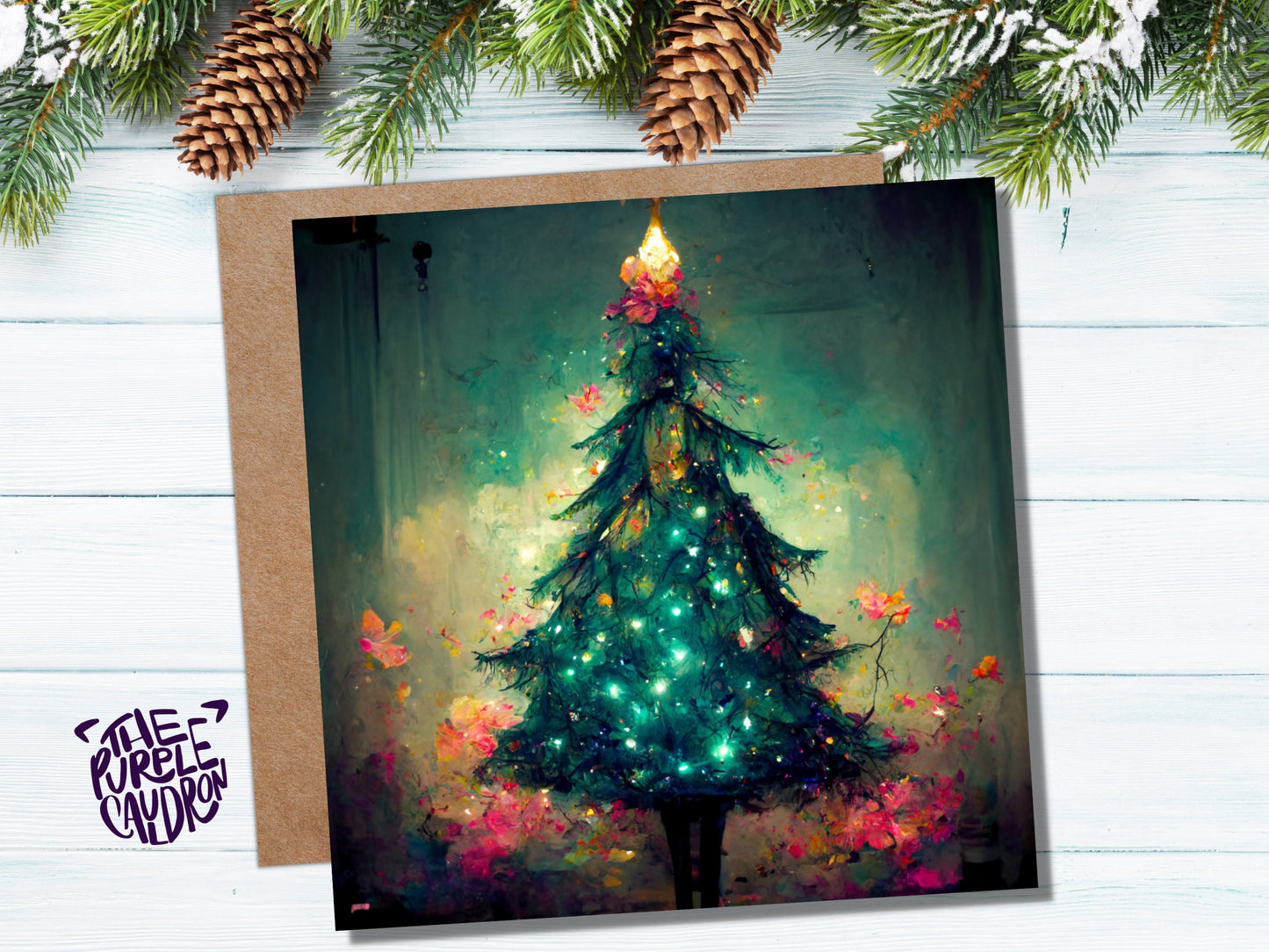 Pretty Christmas Card with Magical Tree and Fairy Lights Painting Unique Whimsical Teal Green Pink Greetings For Family Friends Xmas 2023