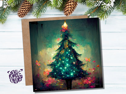 Pretty Christmas Card with Magical Tree and Fairy Lights Painting Unique Whimsical Teal Green Pink Greetings For Family Friends Xmas 2023