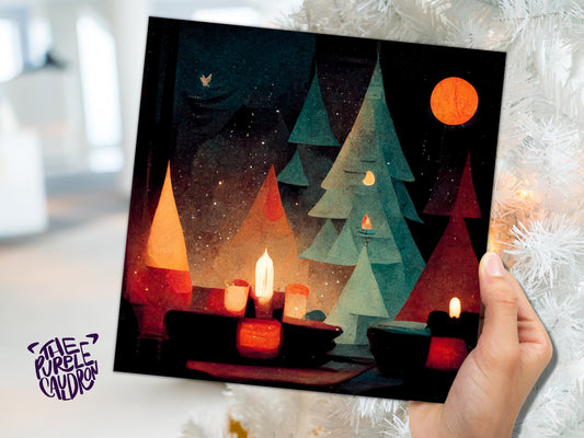 Abstract Christmas Trees Card with Warm Candle Lights Red Green Painting Unique Whimsical Forest Warm Greetings For Family Friends Xmas 2023