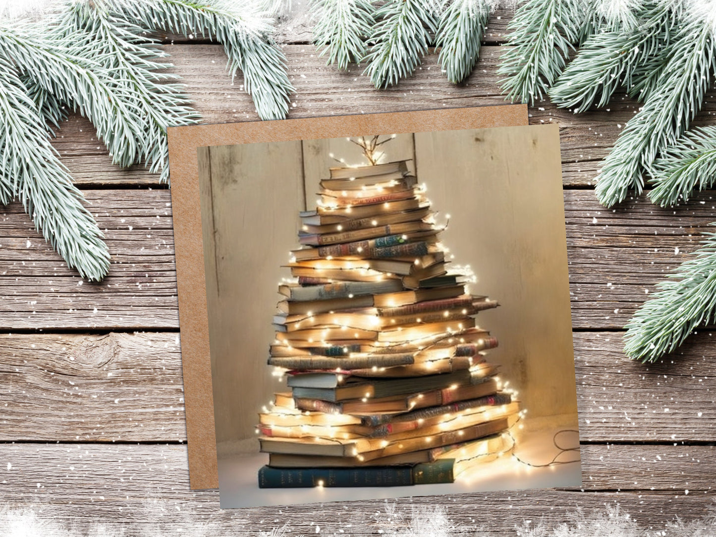 Book Lovers Christmas Card Tree and Fairy Lights Stack of Books Unique Cards for Bookworms Golden Greetings For Family Friends Xmas 2023