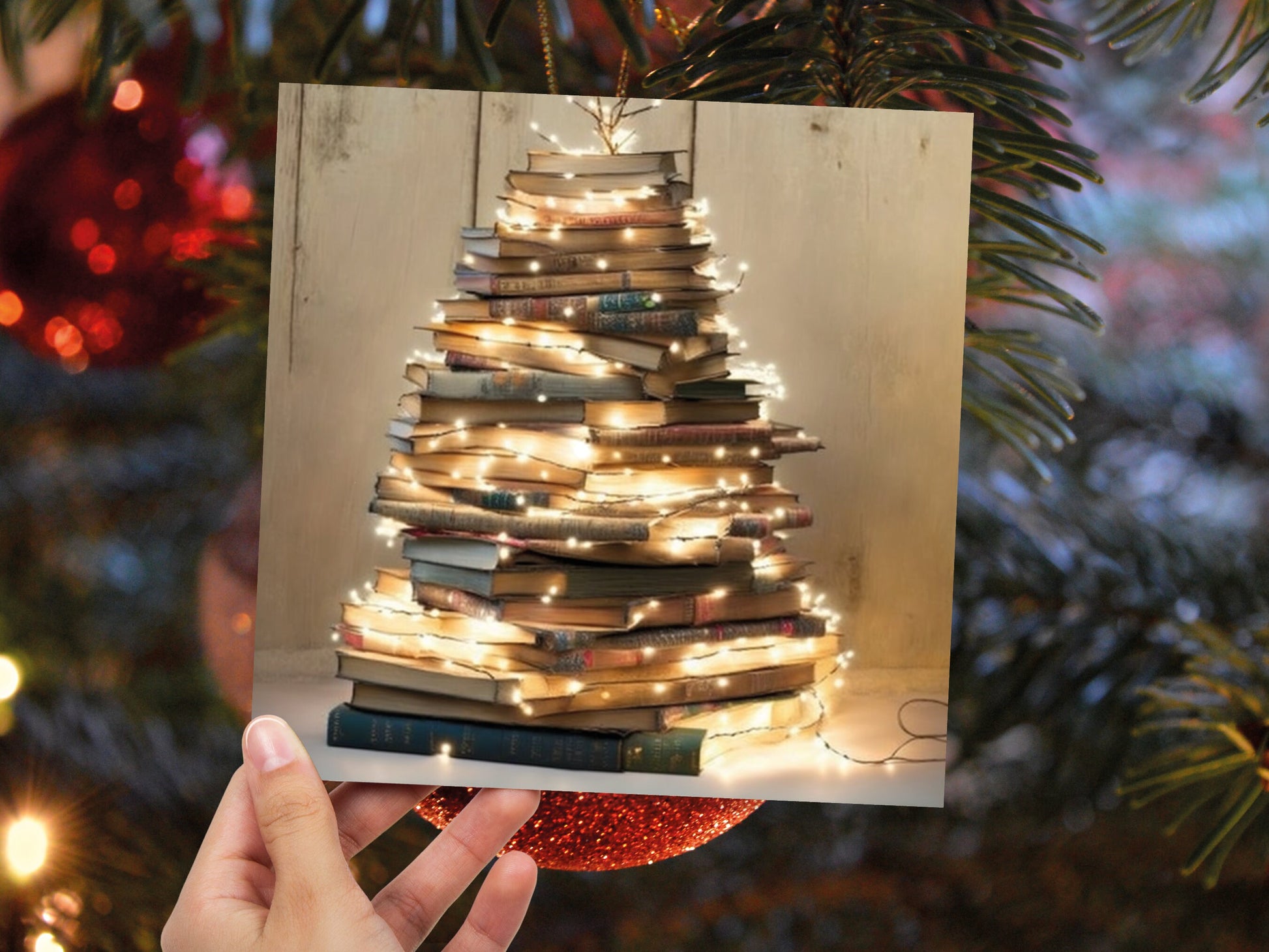 Book Lovers Christmas Card Tree and Fairy Lights Stack of Books Unique Cards for Bookworms Golden Greetings For Family Friends Xmas 2023