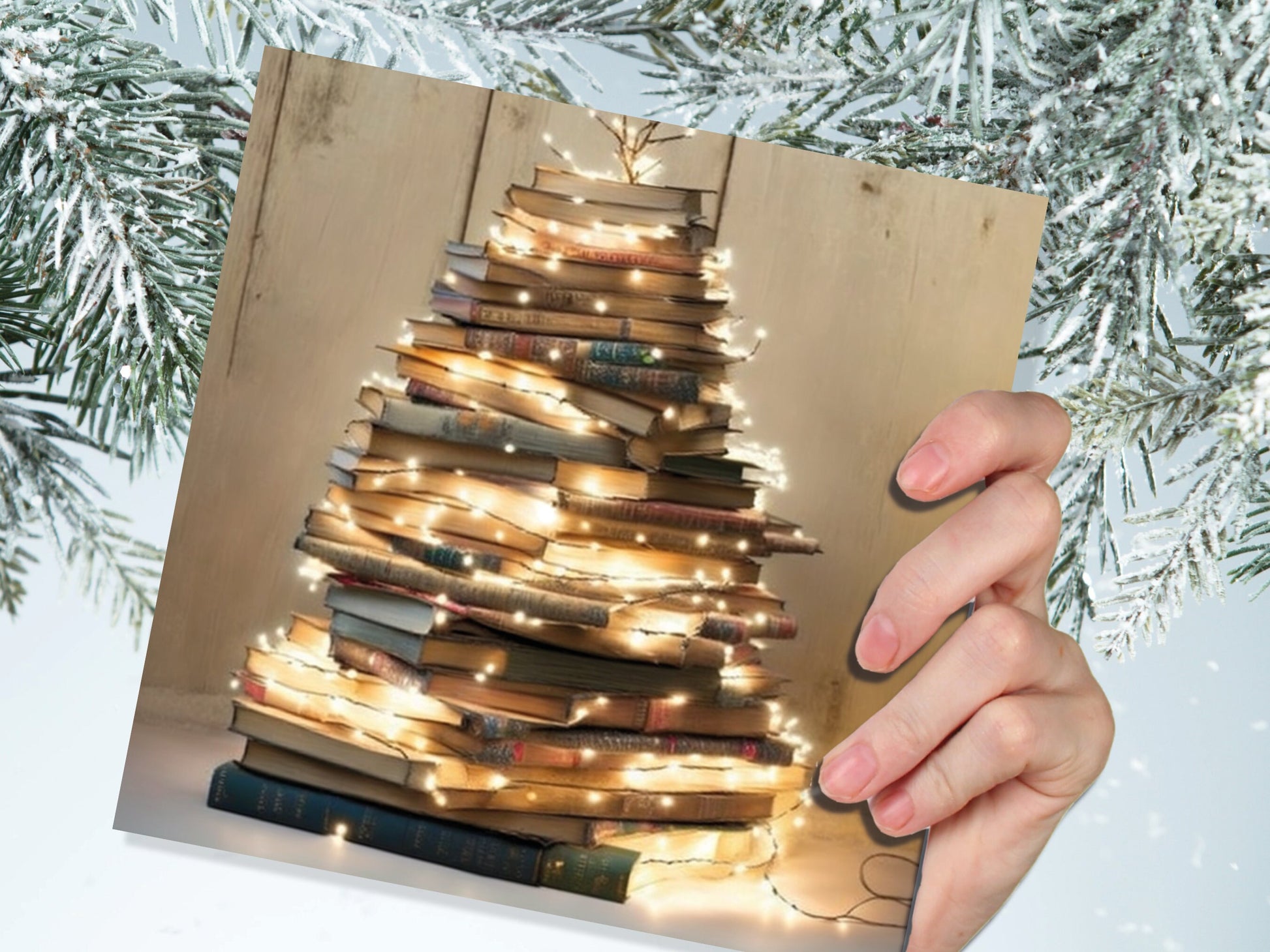 Book Lovers Christmas Card Tree and Fairy Lights Stack of Books Unique Cards for Bookworms Golden Greetings For Family Friends Xmas 2023