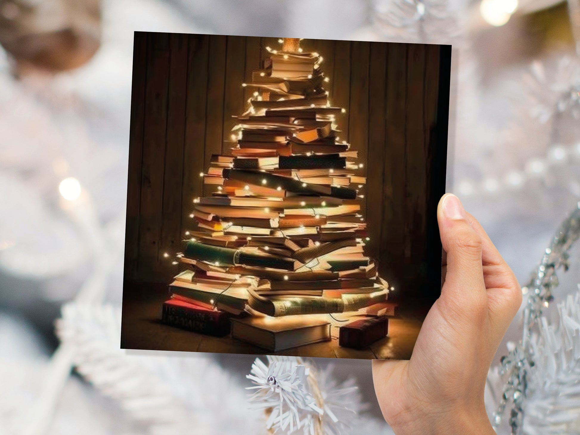 Book Lovers Christmas Tree Card and Fairy Lights Unique Cards for Bookworms Stack of Books Golden Greetings For Family Friends Xmas 2023