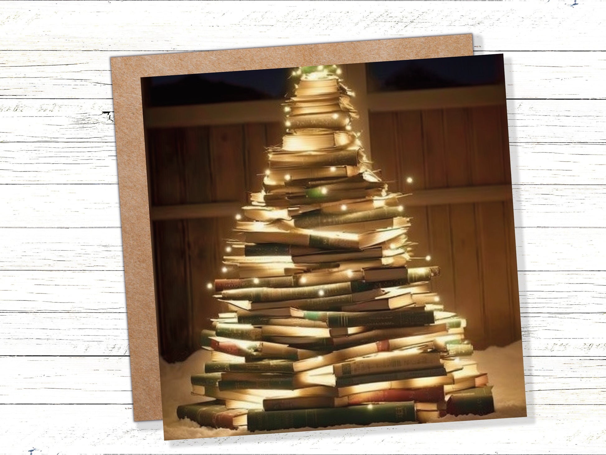 Bookworms Christmas Tree Card for Librarians Book Clubs Library Readers Fairy Lights Stack of Books Greetings For Family Friends Xmas 2023