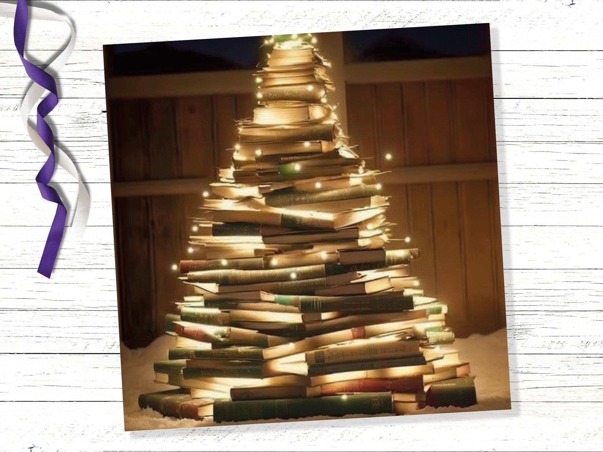 Bookworms Christmas Tree Card for Librarians Book Clubs Library Readers Fairy Lights Stack of Books Greetings For Family Friends Xmas 2023