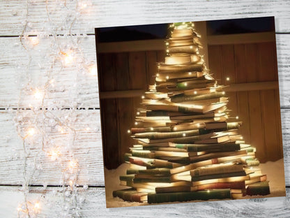 Bookworms Christmas Tree Card for Librarians Book Clubs Library Readers Fairy Lights Stack of Books Greetings For Family Friends Xmas 2023