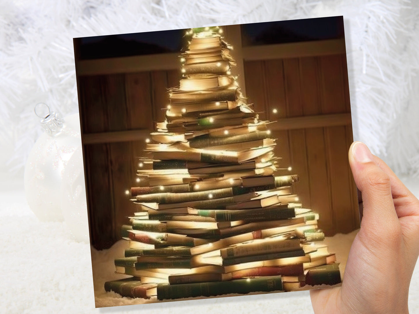 Bookworms Christmas Tree Card for Librarians Book Clubs Library Readers Fairy Lights Stack of Books Greetings For Family Friends Xmas 2023