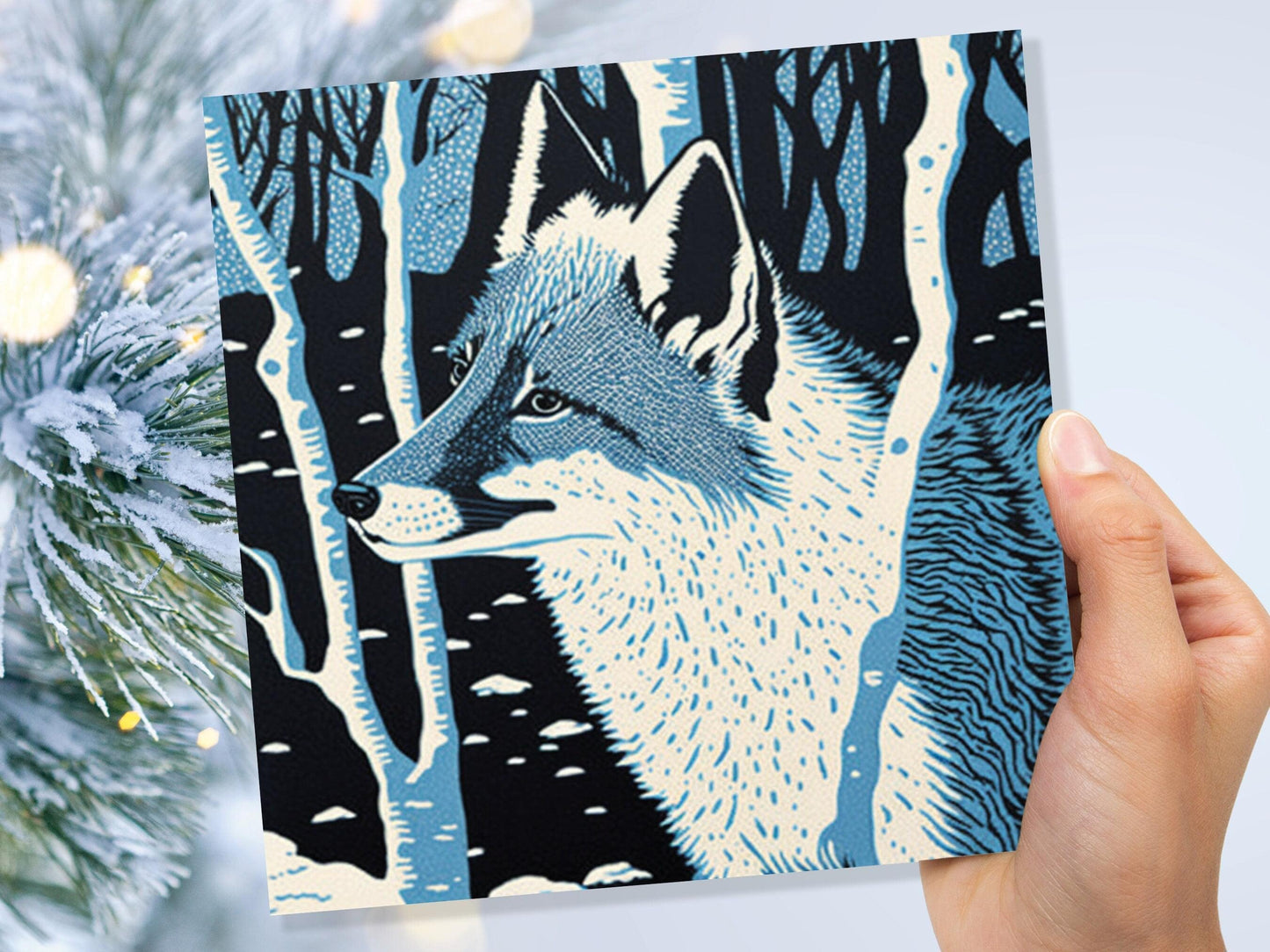 Fox Cards Winter Linocut Snowy Woodland Illustration Blue White Black Snow Scene Landscape Greetings For Family Friends Birthdays Thank You