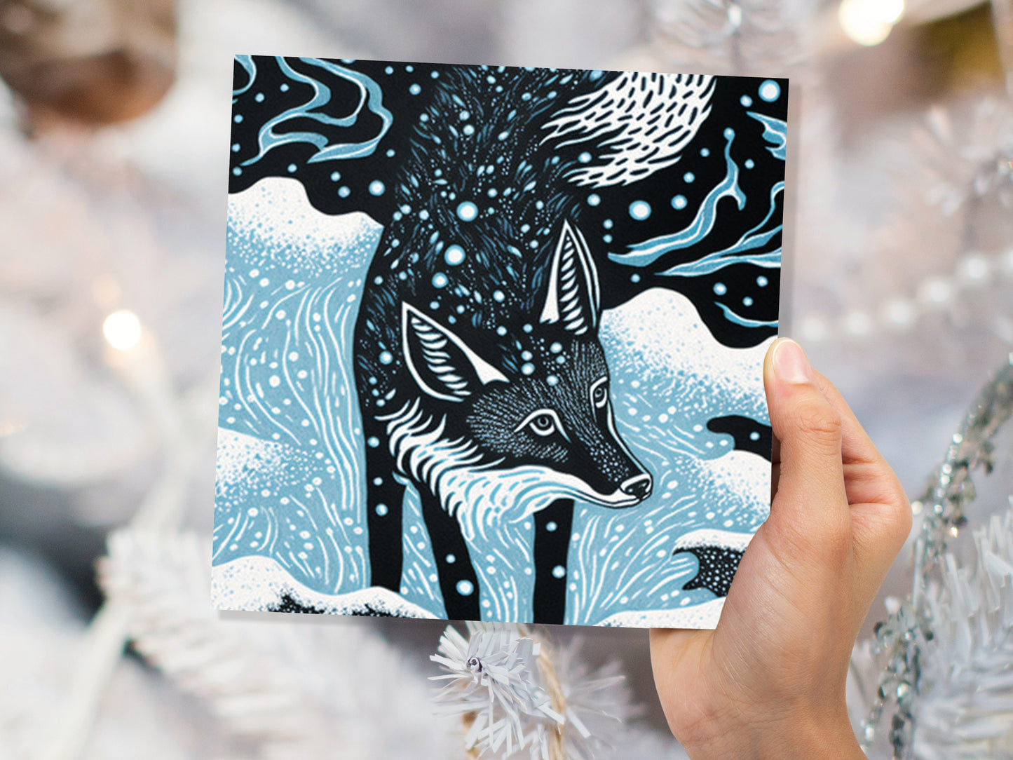 Linocut Fox Card Winter Snowy Woodland Illustration Blue White Black Landscape Snow Scene Greetings For Family Friends Birthdays Thank You