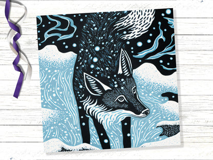 Linocut Fox Card Winter Snowy Woodland Illustration Blue White Black Landscape Snow Scene Greetings For Family Friends Birthdays Thank You