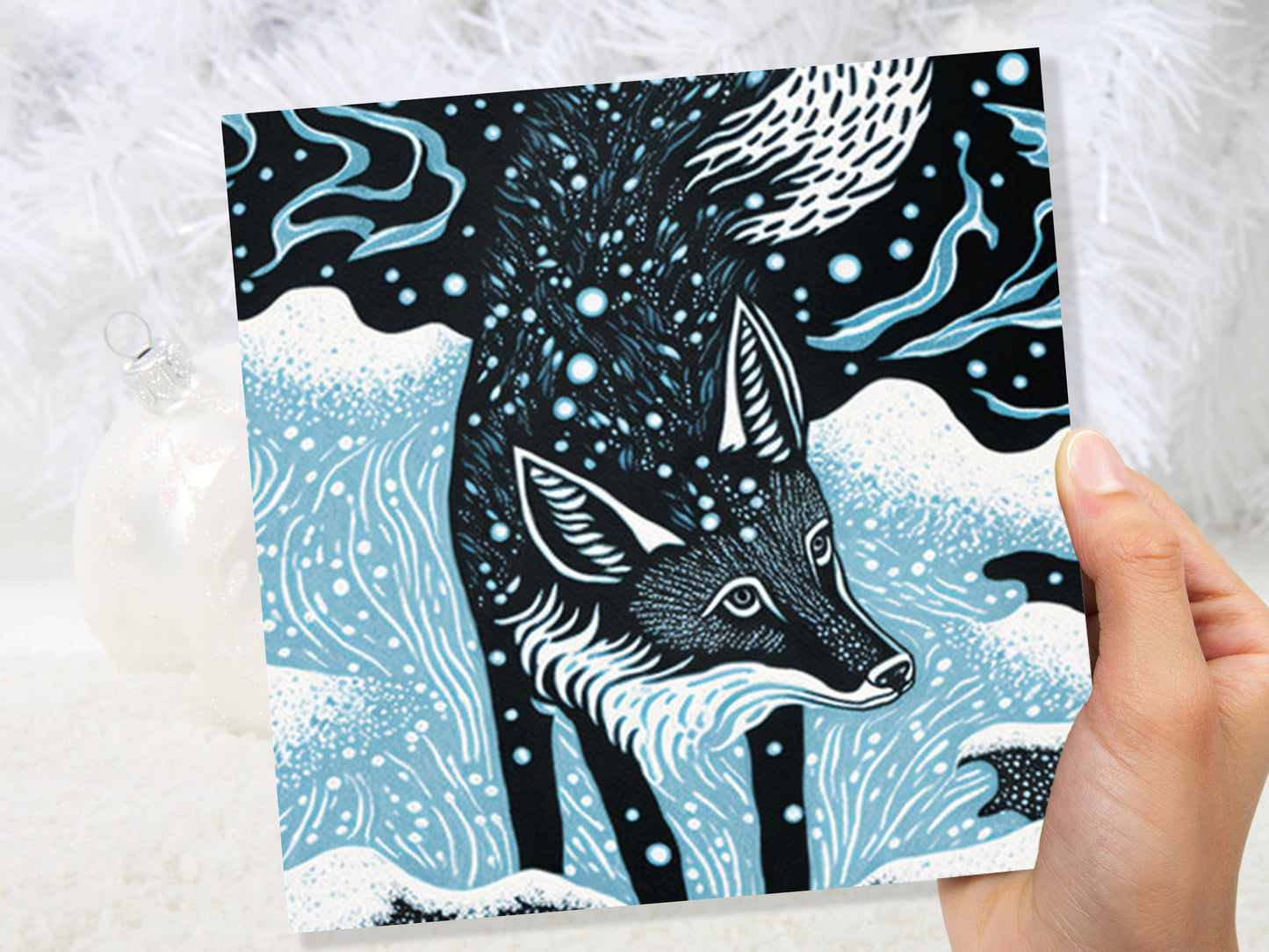 Linocut Fox Card Winter Snowy Woodland Illustration Blue White Black Landscape Snow Scene Greetings For Family Friends Birthdays Thank You