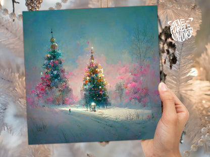 Pastel Christmas Card Pretty Snow Scene in Shades of Pink and Blue with Christmas Trees Impressionist Greetings Family Friends Xmas 2023