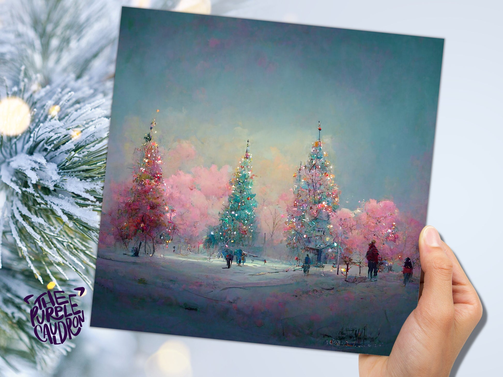 Pastel Christmas Trees Card Whimsical Snow Scene in Shades of Pink & Blue 1, 5, or 10 Pack Impressionist Greetings Family Friends Xmas 2023