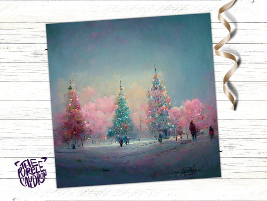 Pastel Christmas Trees Card Whimsical Snow Scene in Shades of Pink & Blue 1, 5, or 10 Pack Impressionist Greetings Family Friends Xmas 2023