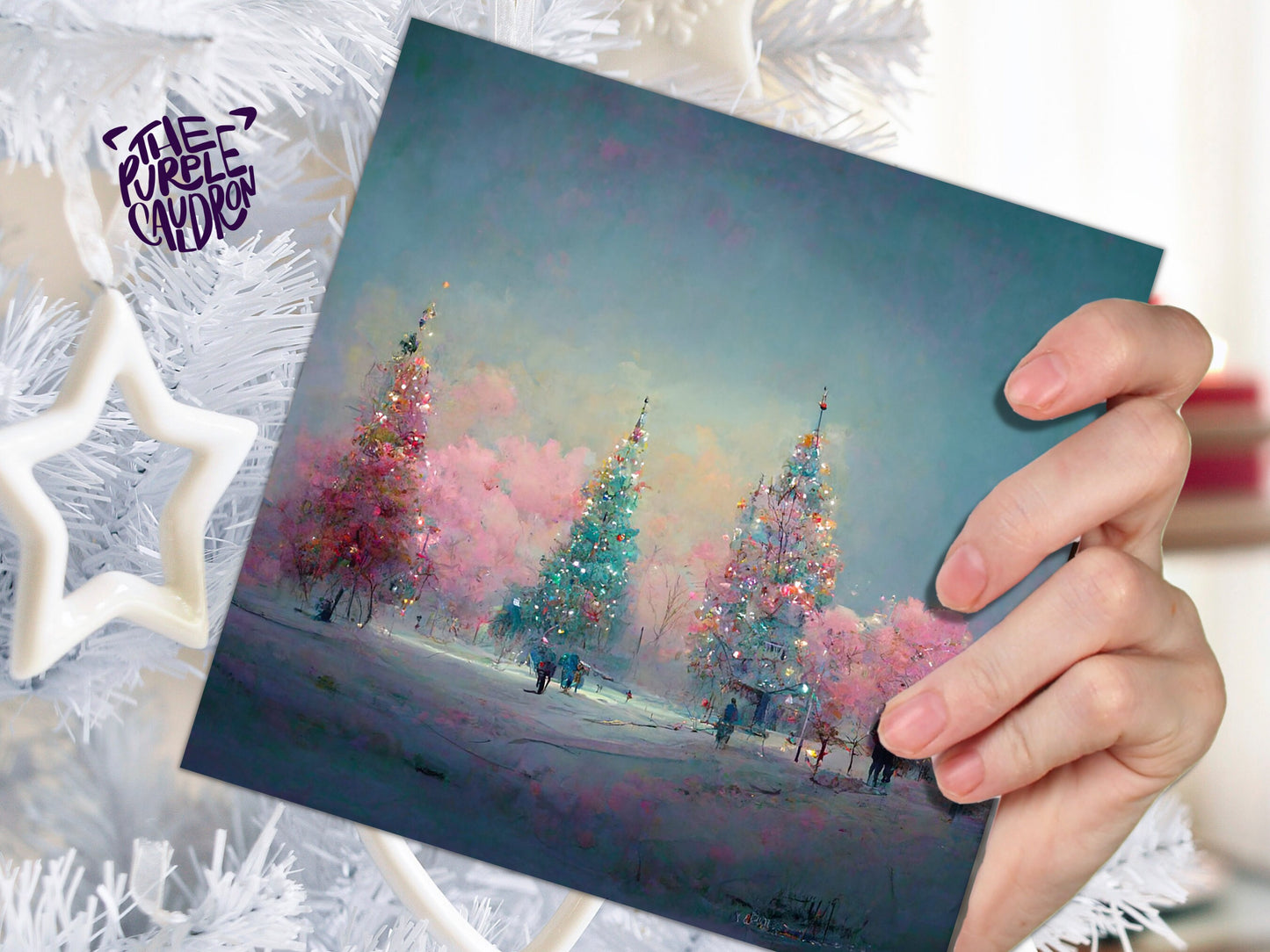 Pastel Christmas Trees Card Whimsical Snow Scene in Shades of Pink & Blue 1, 5, or 10 Pack Impressionist Greetings Family Friends Xmas 2023