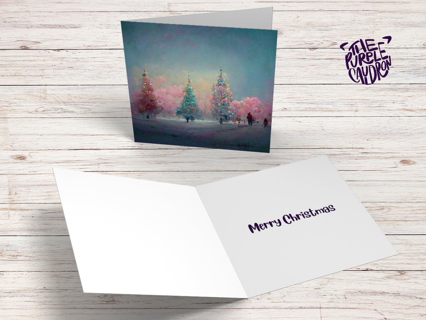 Pastel Christmas Trees Card Whimsical Snow Scene in Shades of Pink & Blue 1, 5, or 10 Pack Impressionist Greetings Family Friends Xmas 2023