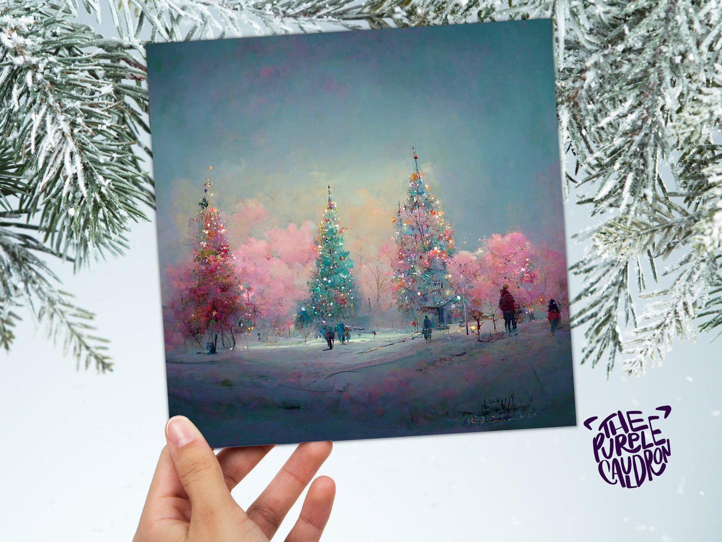 Pastel Christmas Trees Card Whimsical Snow Scene in Shades of Pink & Blue 1, 5, or 10 Pack Impressionist Greetings Family Friends Xmas 2023