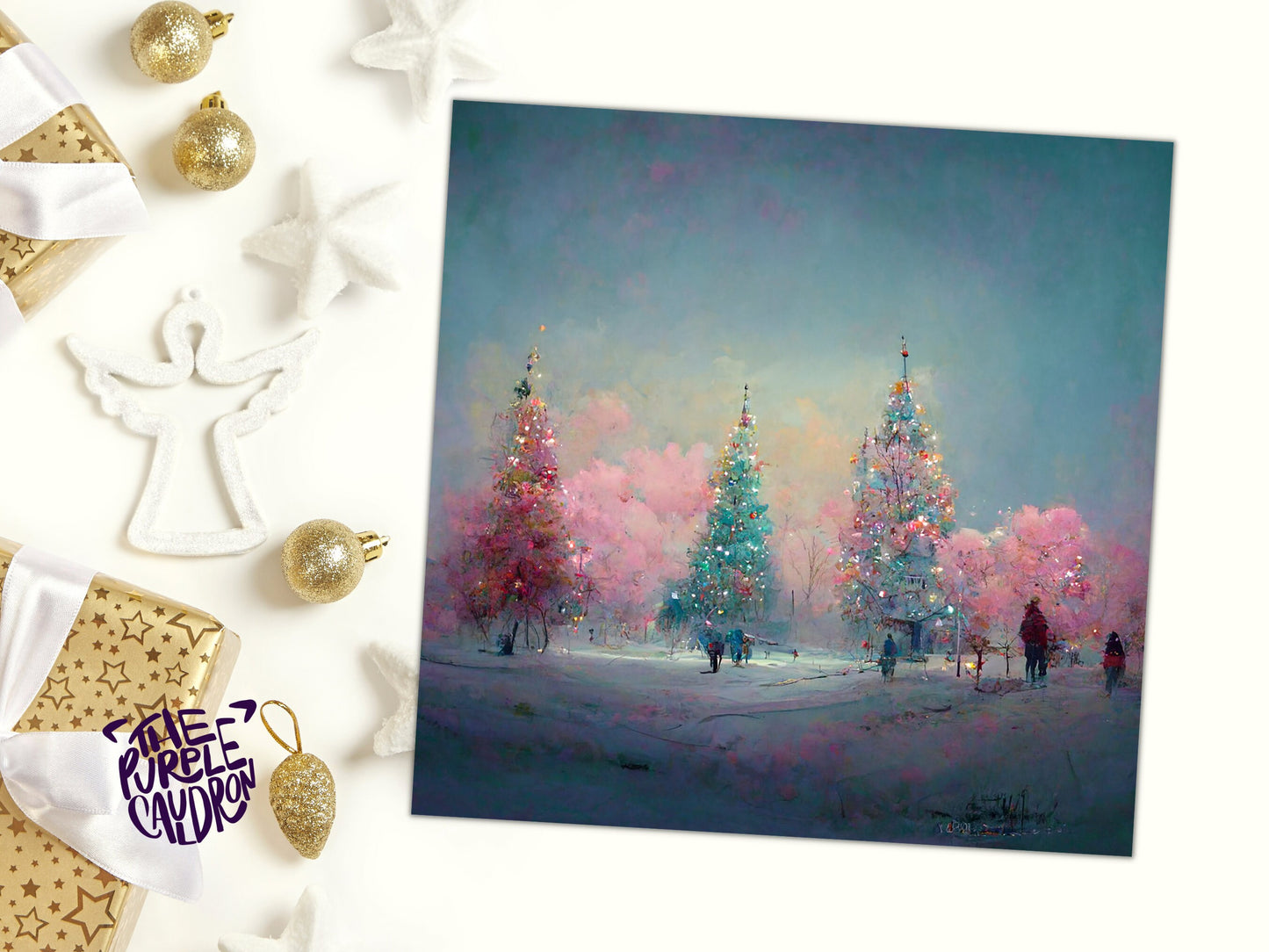 Pastel Christmas Trees Card Whimsical Snow Scene in Shades of Pink & Blue 1, 5, or 10 Pack Impressionist Greetings Family Friends Xmas 2023