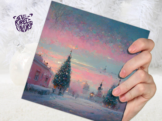 Pastel Christmas Card Soft Whimsical Impressionist Snow Scene in Shades of Pink & Blue 1, 5, or 10 Pack Greetings Family Friends Xmas 2023