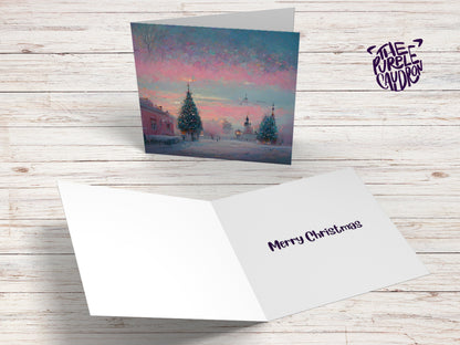 Pastel Christmas Card Soft Whimsical Impressionist Snow Scene in Shades of Pink & Blue 1, 5, or 10 Pack Greetings Family Friends Xmas 2023