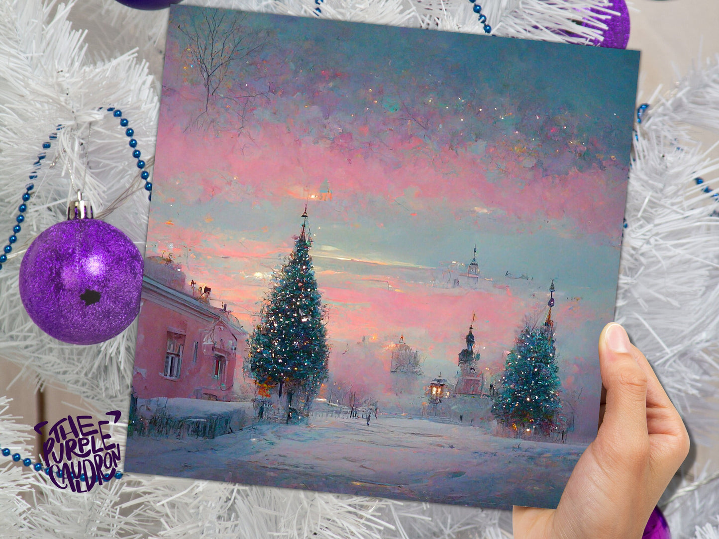 Pastel Christmas Card Soft Whimsical Impressionist Snow Scene in Shades of Pink & Blue 1, 5, or 10 Pack Greetings Family Friends Xmas 2023