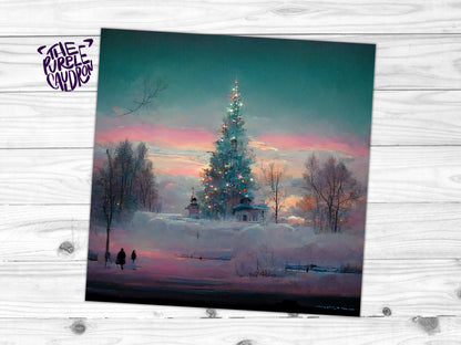 Pastel Christmas Card Whimsical Impressionist Winter Snow Scene Shades of Pink, Teal, & Purple 1, 5, or 10 Pack Greetings Friends Xmas 2023