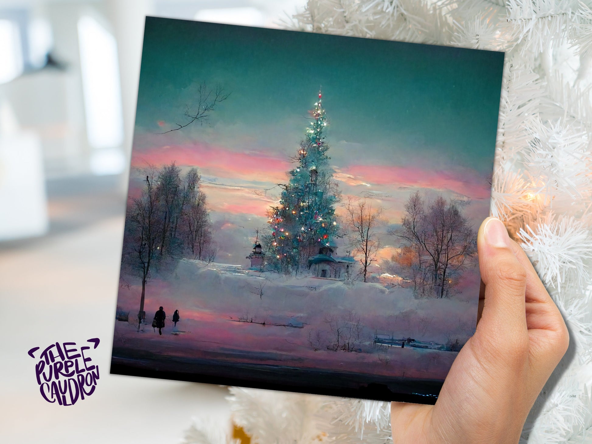 Pastel Christmas Card Whimsical Impressionist Winter Snow Scene Shades of Pink, Teal, & Purple 1, 5, or 10 Pack Greetings Friends Xmas 2023