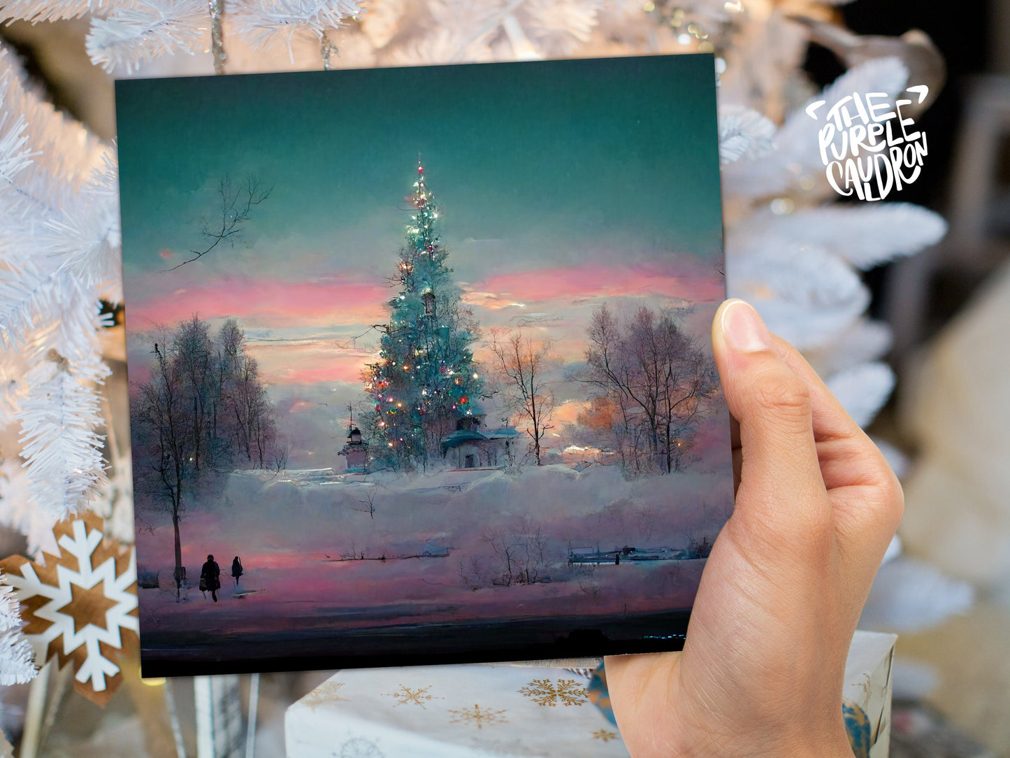 Pastel Christmas Card Whimsical Impressionist Winter Snow Scene Shades of Pink, Teal, & Purple 1, 5, or 10 Pack Greetings Friends Xmas 2023