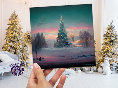 Pastel Christmas Card Whimsical Impressionist Winter Snow Scene Shades of Pink, Teal, & Purple 1, 5, or 10 Pack Greetings Friends Xmas 2023