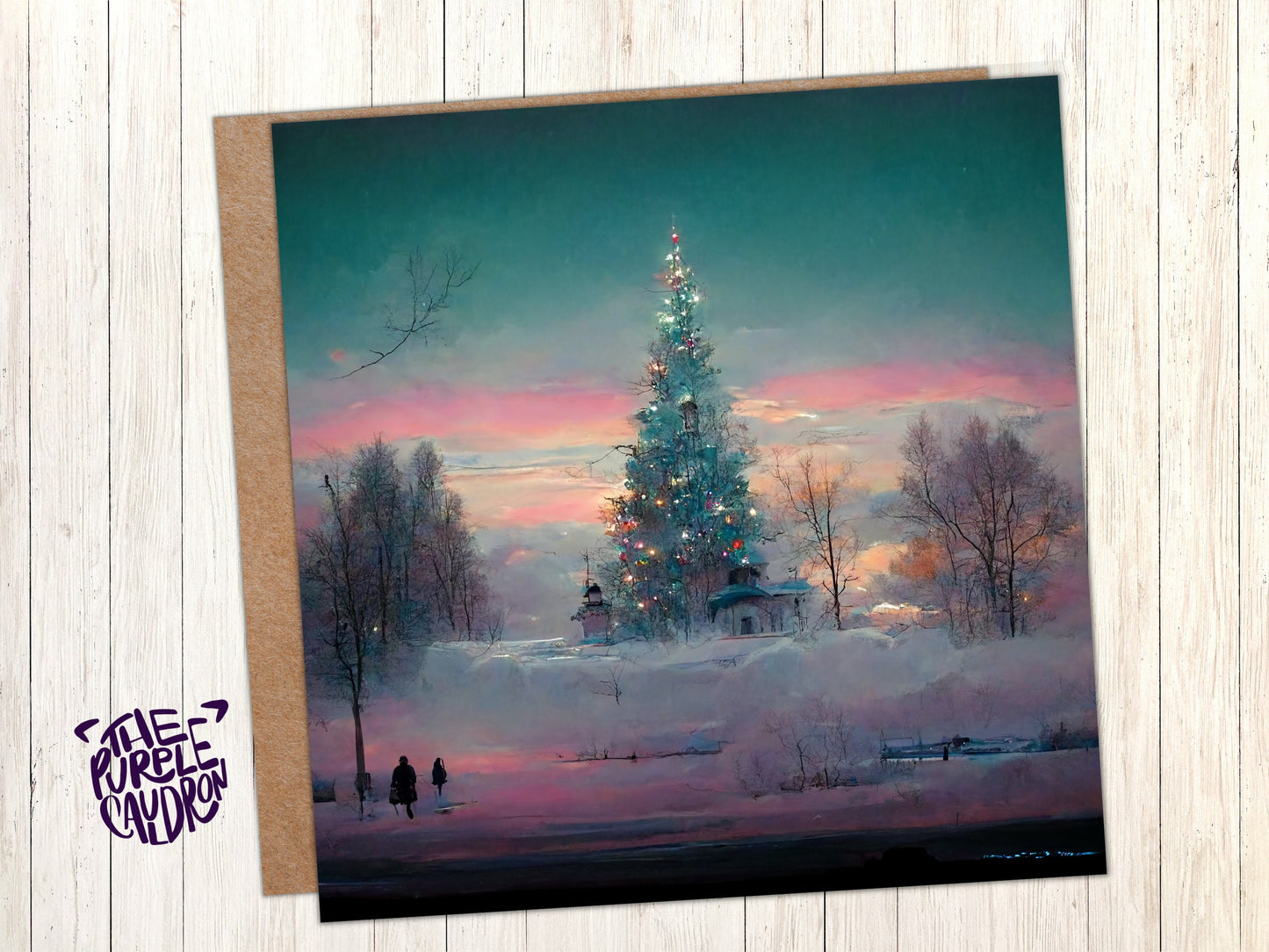 Pastel Christmas Card Whimsical Impressionist Winter Snow Scene Shades of Pink, Teal, & Purple 1, 5, or 10 Pack Greetings Friends Xmas 2023