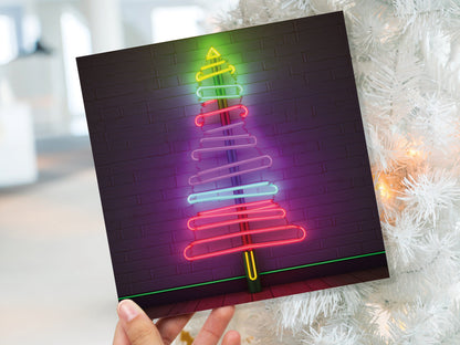 Neon Christmas Card Tree Tube Lighting Glowing Lights Y2K Bright Pink Purple Green Colourful Rainbow Modern Fun For Family Friends Xmas 2023