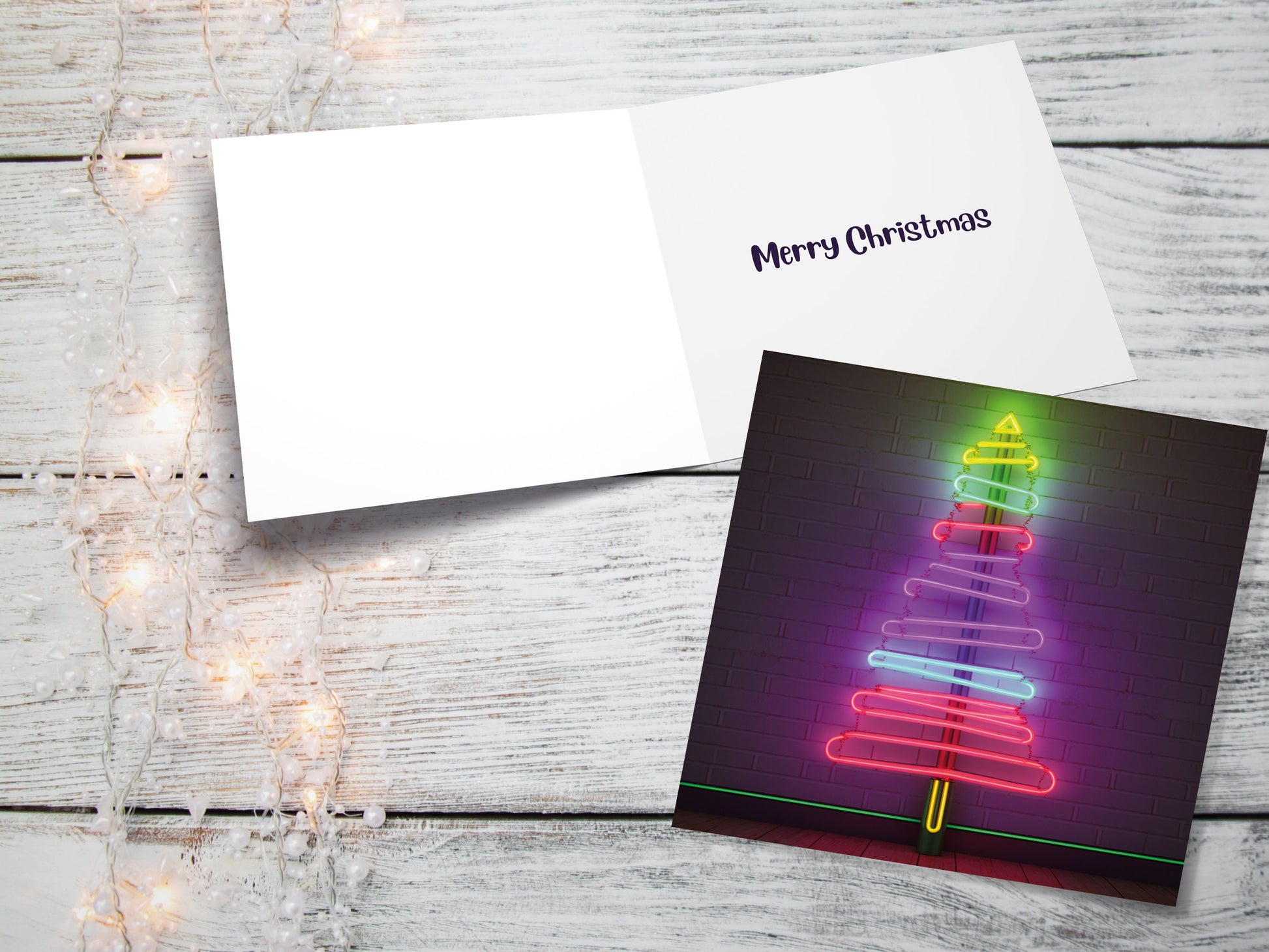 Neon Christmas Card Tree Tube Lighting Glowing Lights Y2K Bright Pink Purple Green Colourful Rainbow Modern Fun For Family Friends Xmas 2023