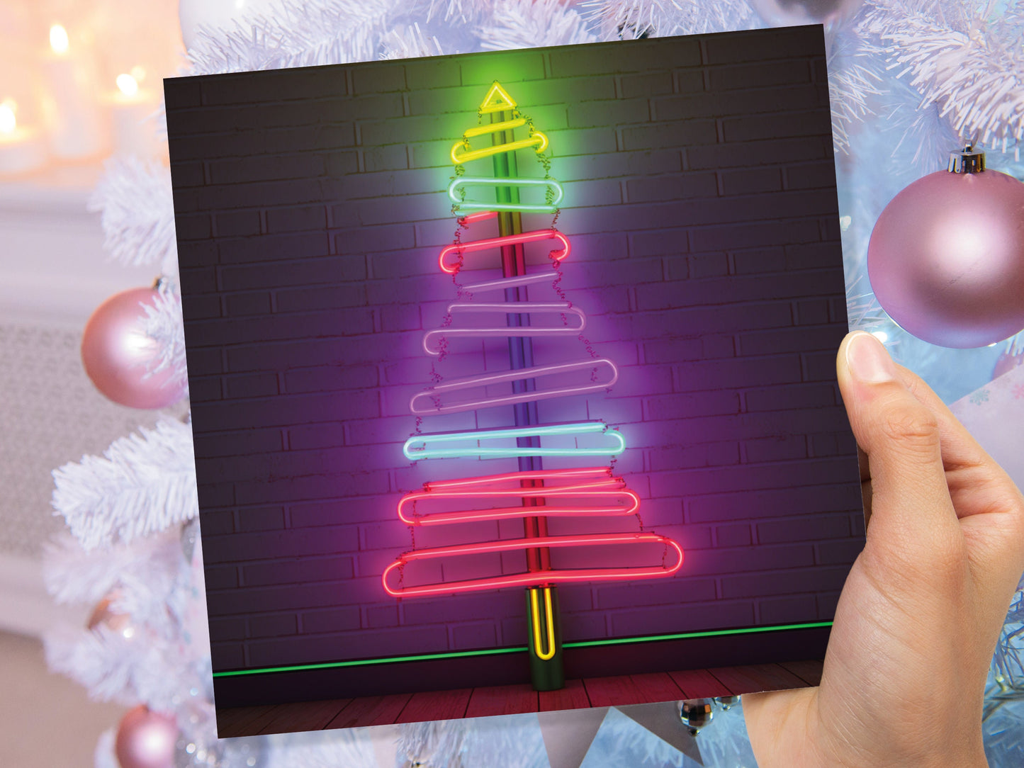 Neon Christmas Card Tree Tube Lighting Glowing Lights Y2K Bright Pink Purple Green Colourful Rainbow Modern Fun For Family Friends Xmas 2023