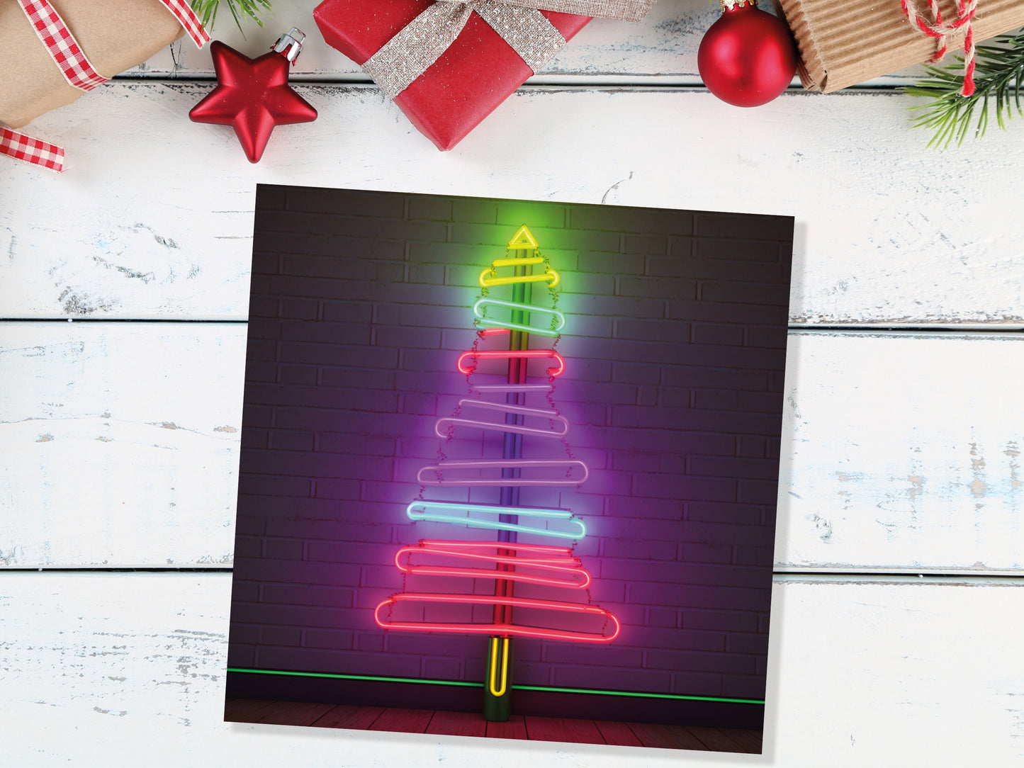 Neon Christmas Card Tree Tube Lighting Glowing Lights Y2K Bright Pink Purple Green Colourful Rainbow Modern Fun For Family Friends Xmas 2023