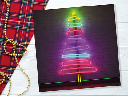 Neon Christmas Card Tree Tube Lighting Glowing Lights Y2K Bright Pink Purple Green Colourful Rainbow Modern Fun For Family Friends Xmas 2023