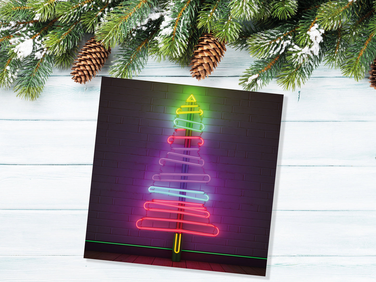 Neon Christmas Card Tree Tube Lighting Glowing Lights Y2K Bright Pink Purple Green Colourful Rainbow Modern Fun For Family Friends Xmas 2023