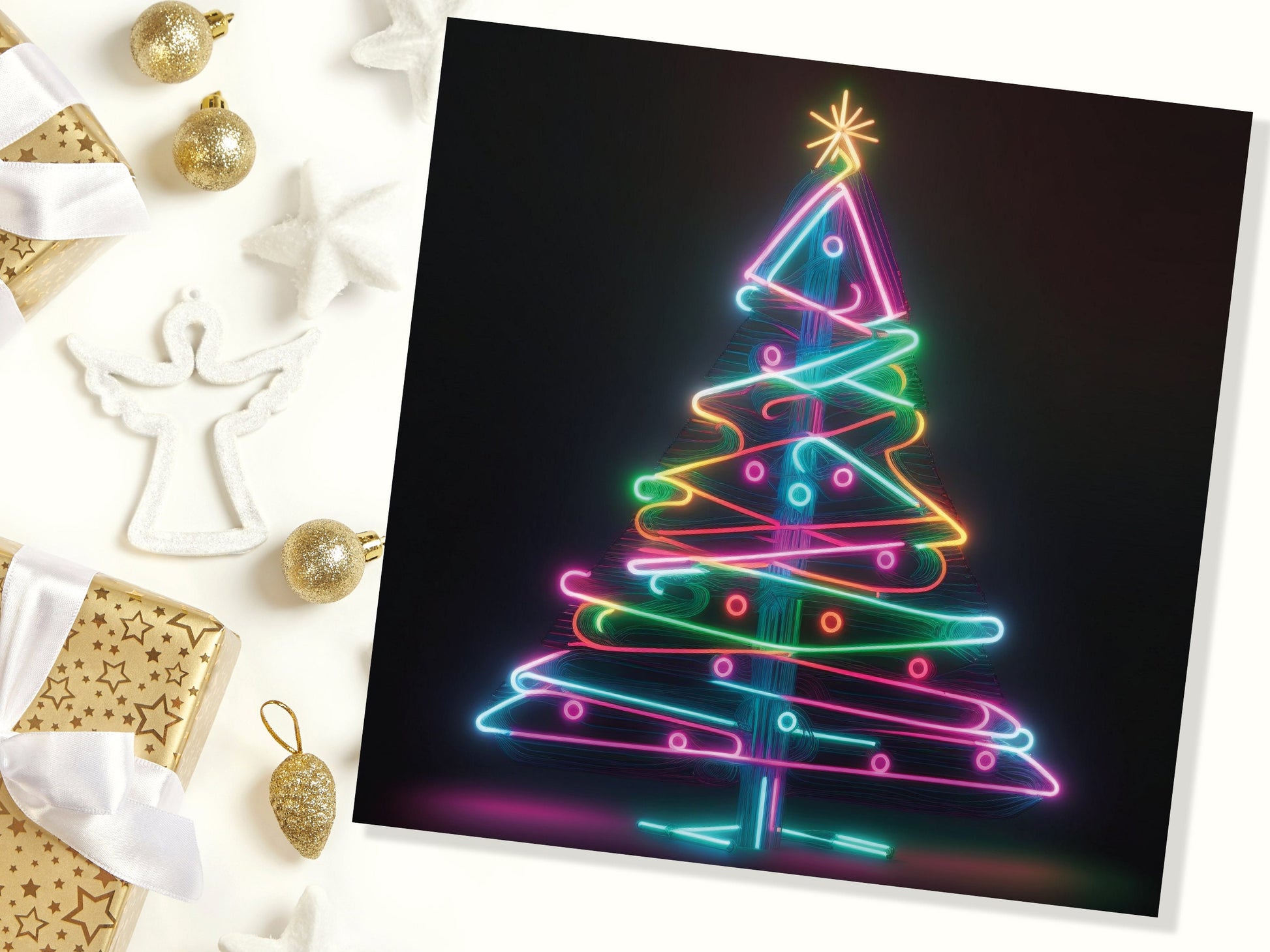 Neon Christmas Tree Card Glowing Lights Tube Lighting Y2K Bright Colours Colourful Rainbow Unique Modern Cards For Family Friends Xmas 2023