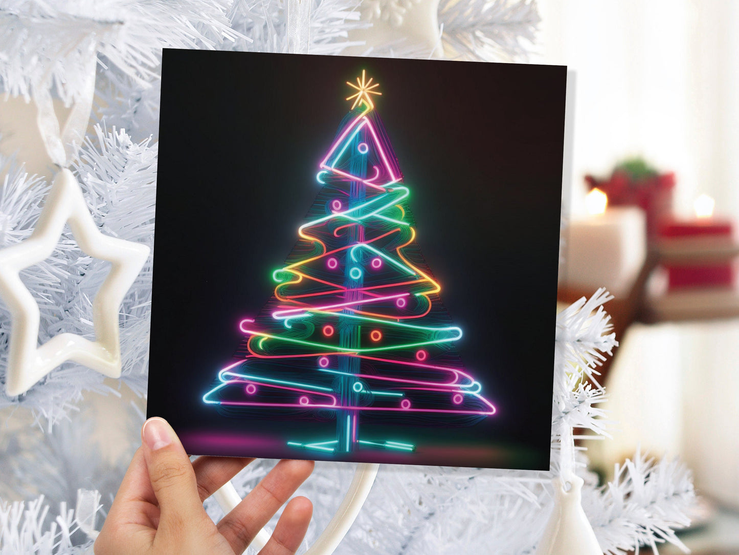 Neon Christmas Tree Card Glowing Lights Tube Lighting Y2K Bright Colours Colourful Rainbow Unique Modern Cards For Family Friends Xmas 2023