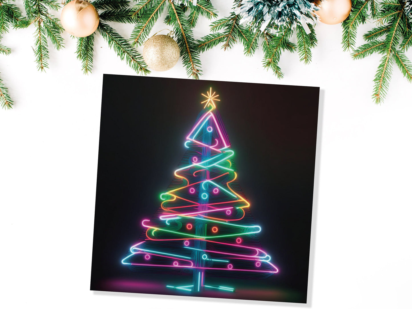 Neon Christmas Tree Card Glowing Lights Tube Lighting Y2K Bright Colours Colourful Rainbow Unique Modern Cards For Family Friends Xmas 2023