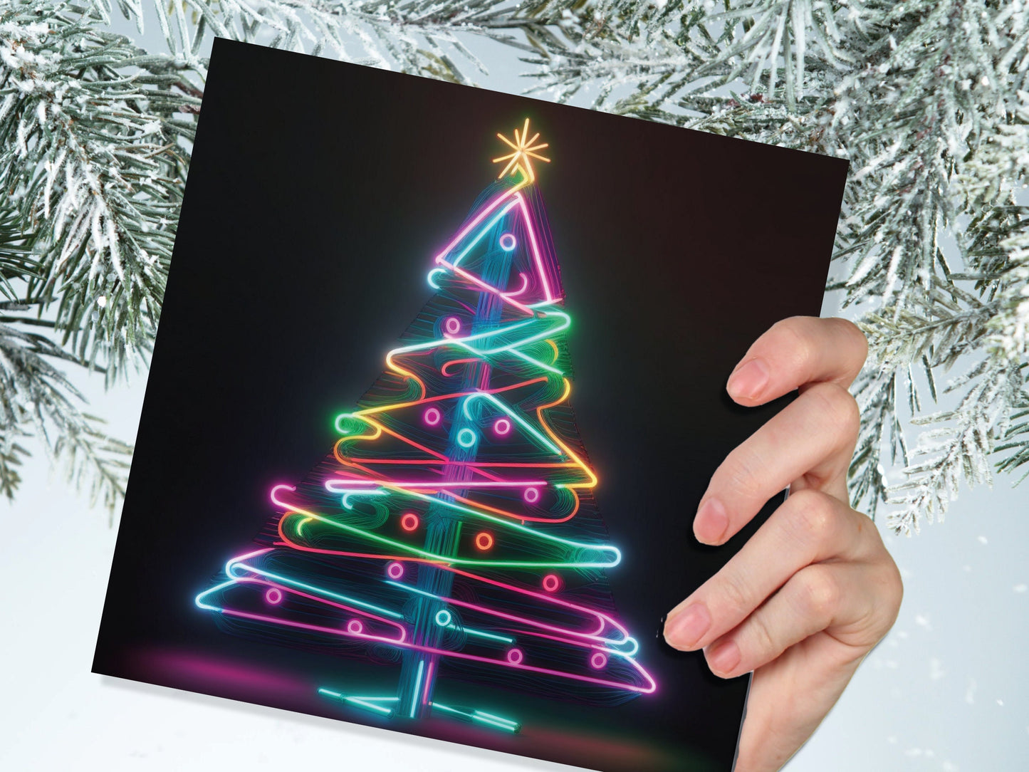 Neon Christmas Tree Card Glowing Lights Tube Lighting Y2K Bright Colours Colourful Rainbow Unique Modern Cards For Family Friends Xmas 2023