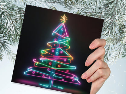 Neon Christmas Tree Card Glowing Lights Tube Lighting Y2K Bright Colours Colourful Rainbow Unique Modern Cards For Family Friends Xmas 2023